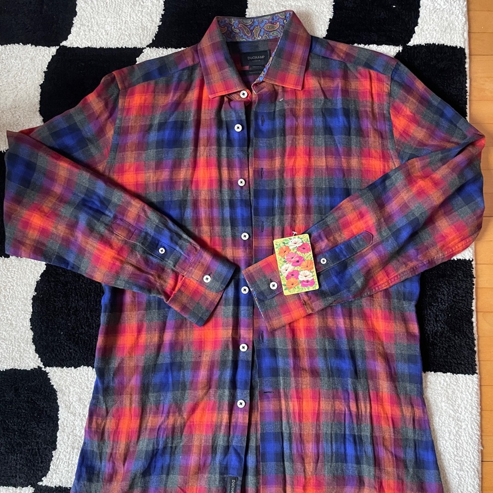 Duchamp Red and Blue Plaid Button Down Shirt